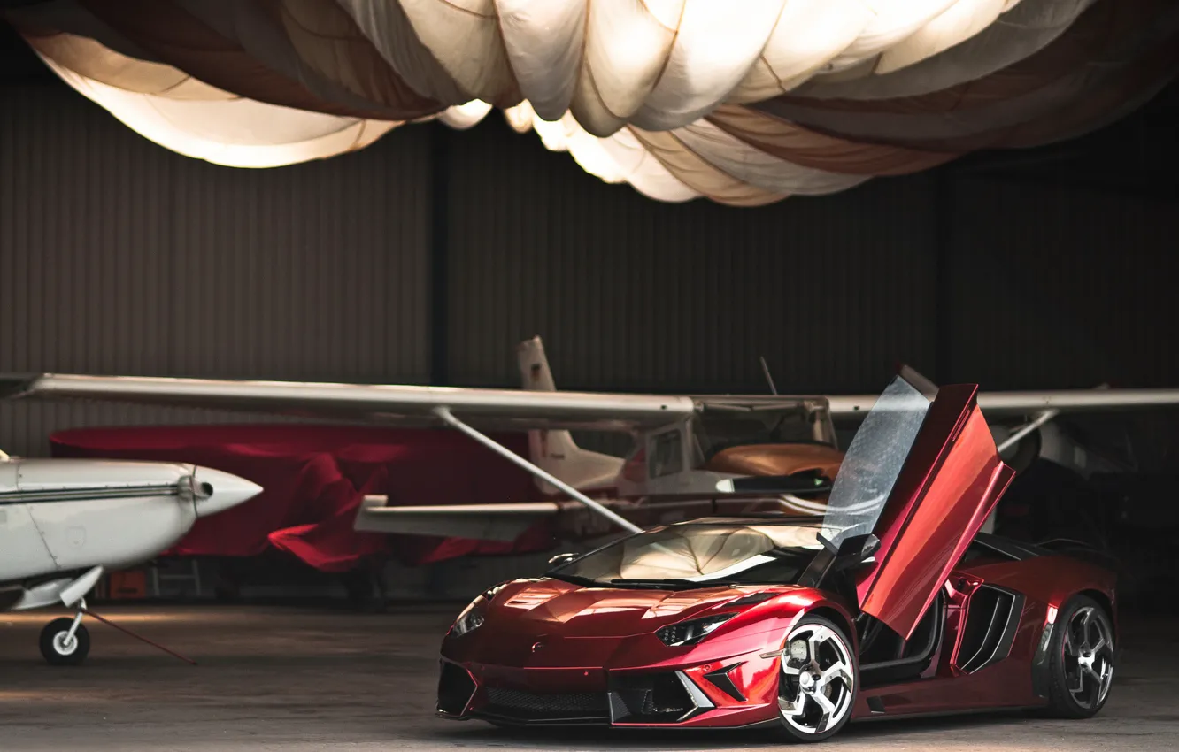 Photo wallpaper red, Lamborghini, hangar, red, the plane, Lamborghini, LP700-4, Aventador