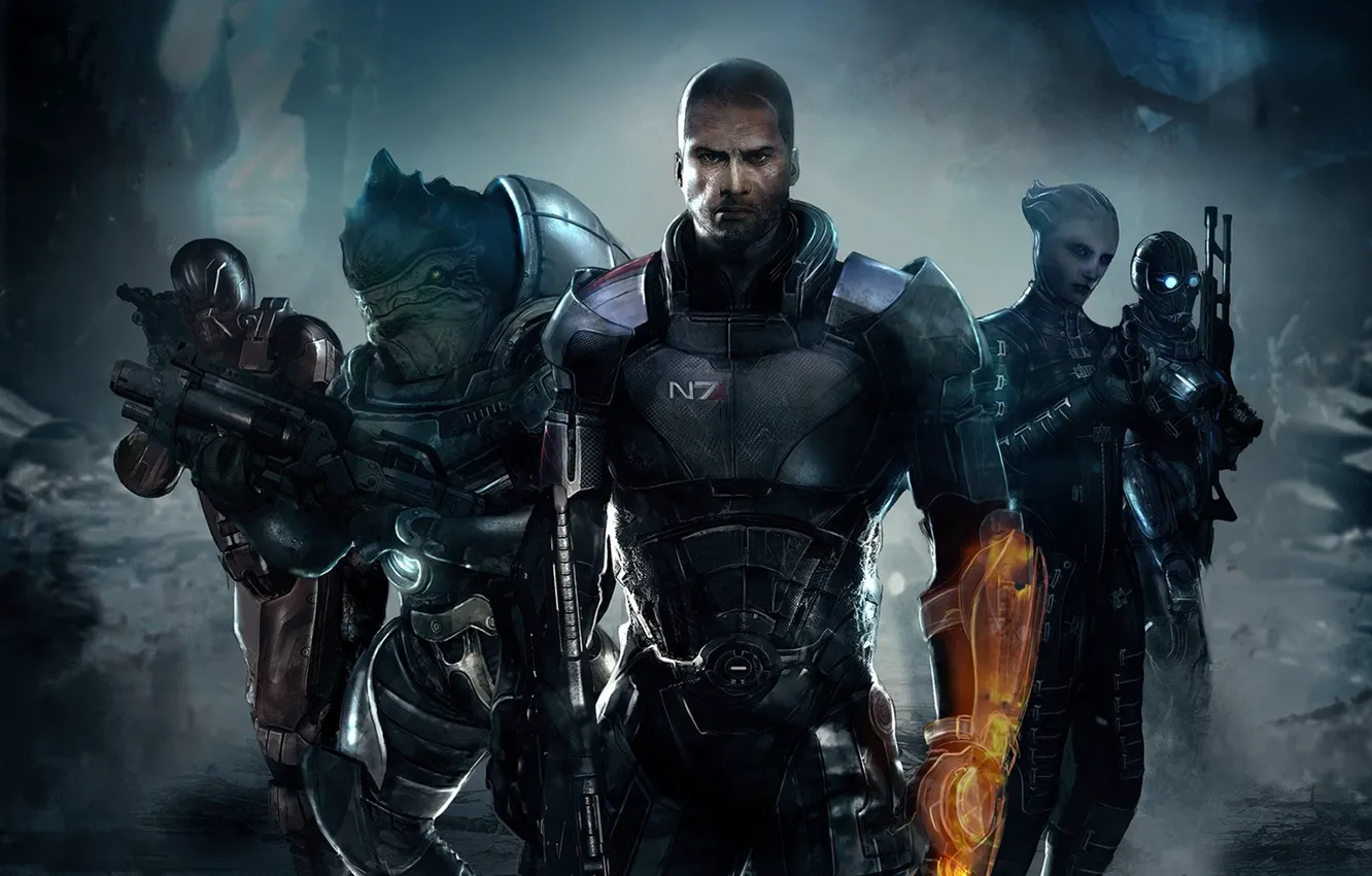 Photo wallpaper mass effect 3, krogan, Commander Shepard, Liara T Soni, Azari, Grant