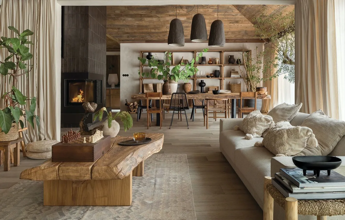 Photo wallpaper interior, dining room, living room, fireplace, ekostil, natural materials in the interior, design, plant