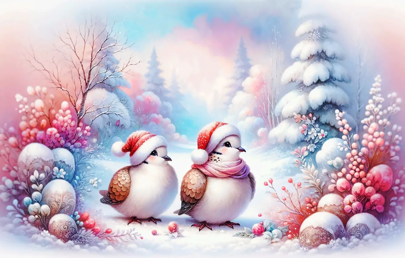 Photo wallpaper winter, frost, forest, the sky, leaves, clouds, balls, light