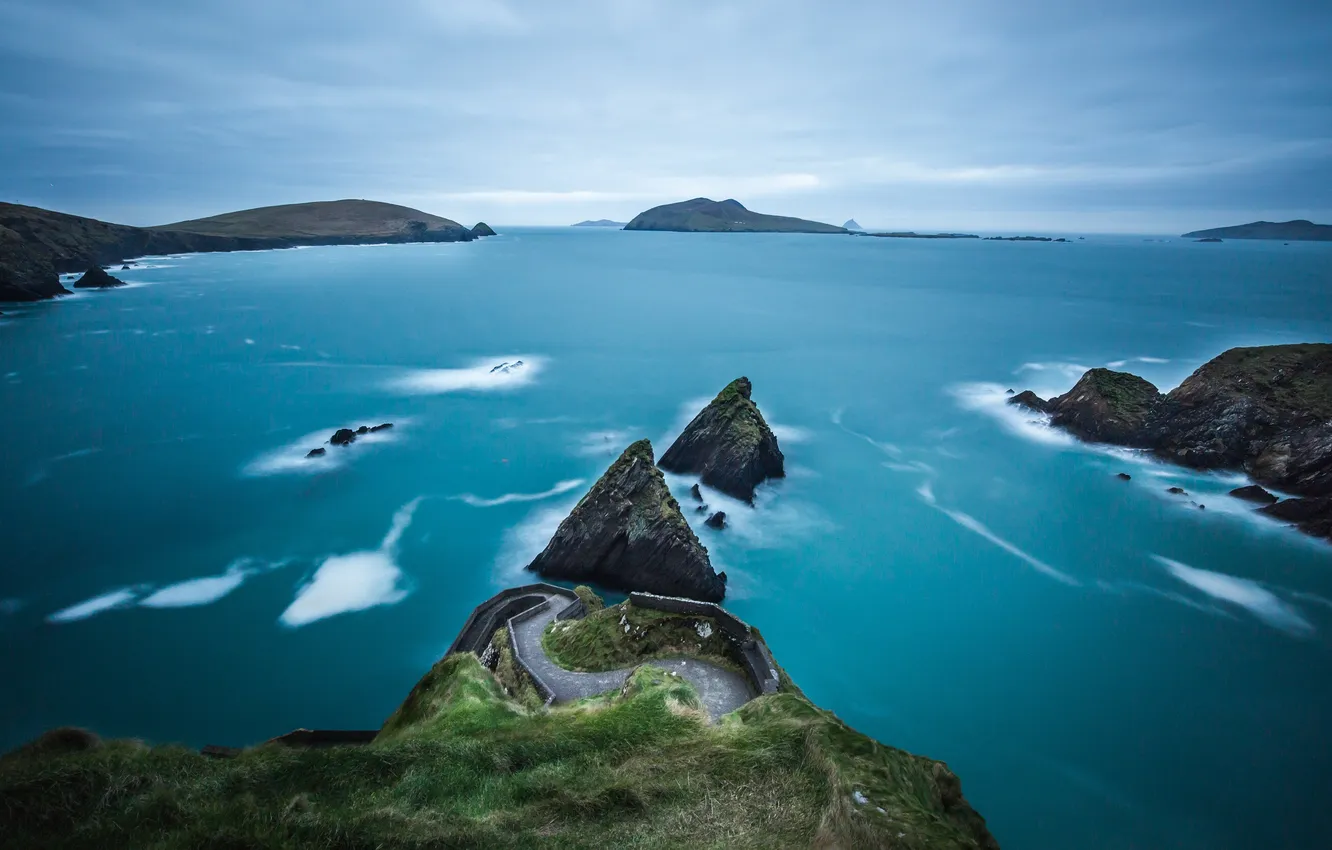 Photo wallpaper sea, the sky, clouds, landscape, mountains, nature, rocks, horizon