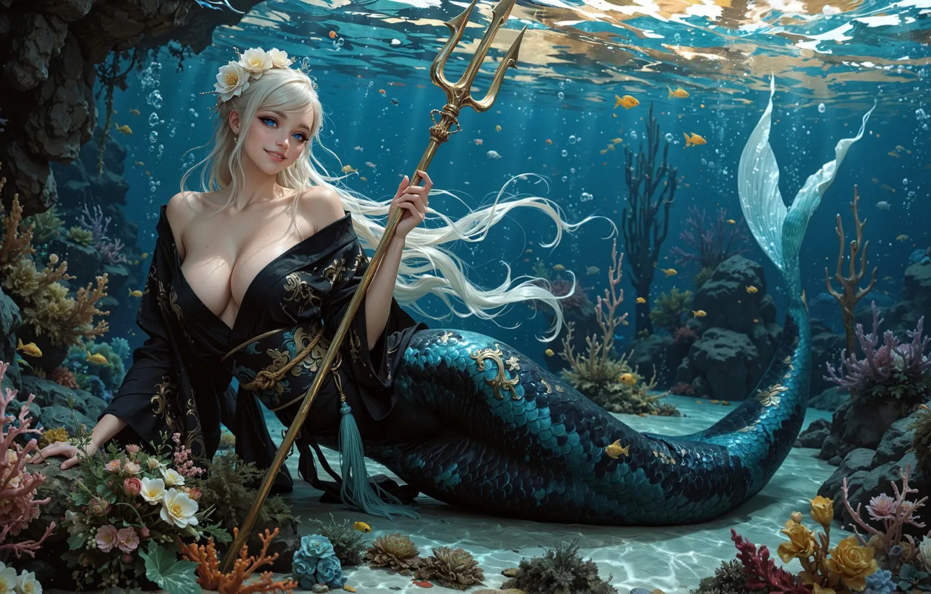 Photo wallpaper algae, smile, mermaid, Trident, neckline, under water, white hair, digital art