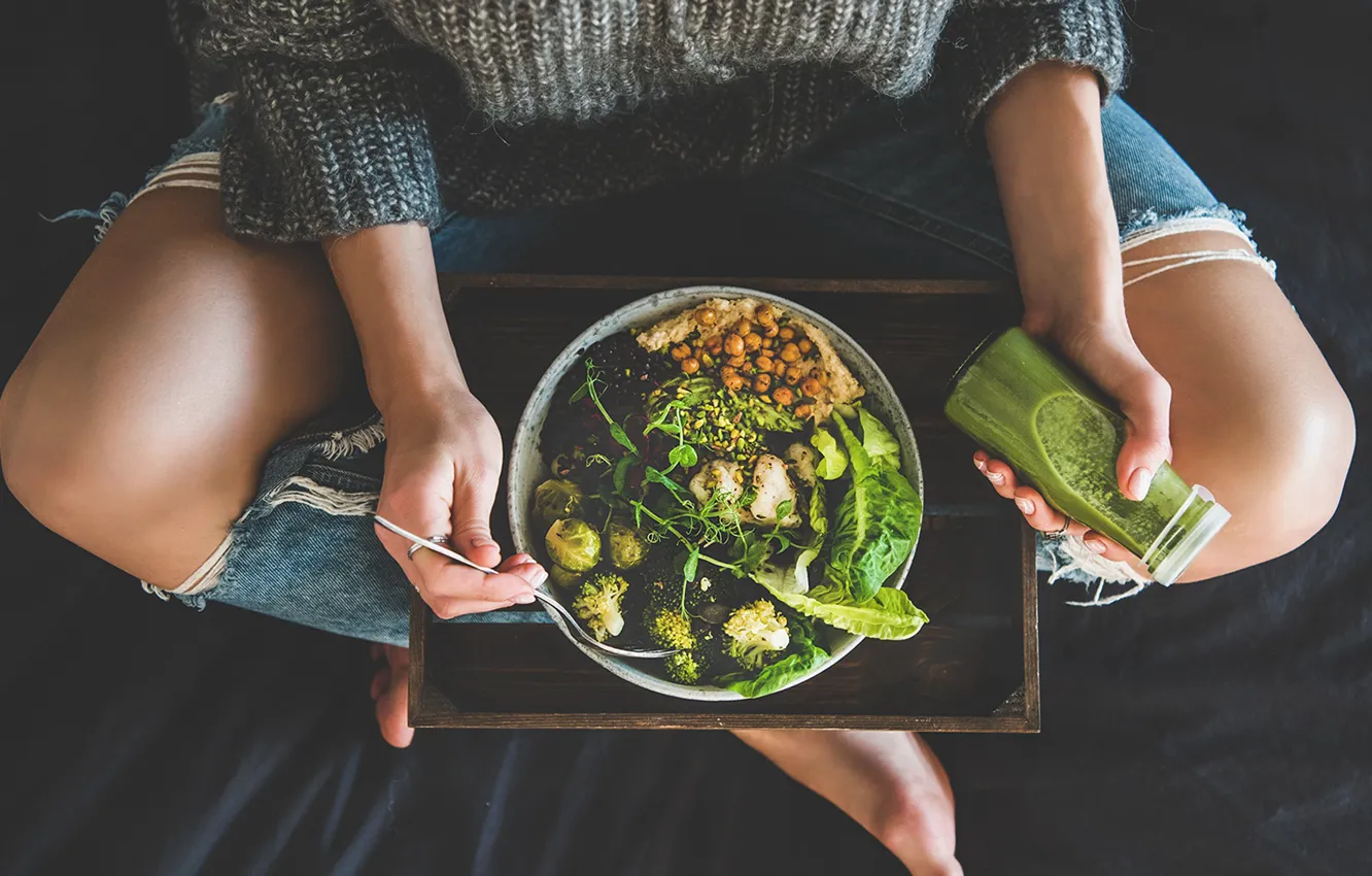 Photo wallpaper juice, woman, salad, healthy food, broken jeans