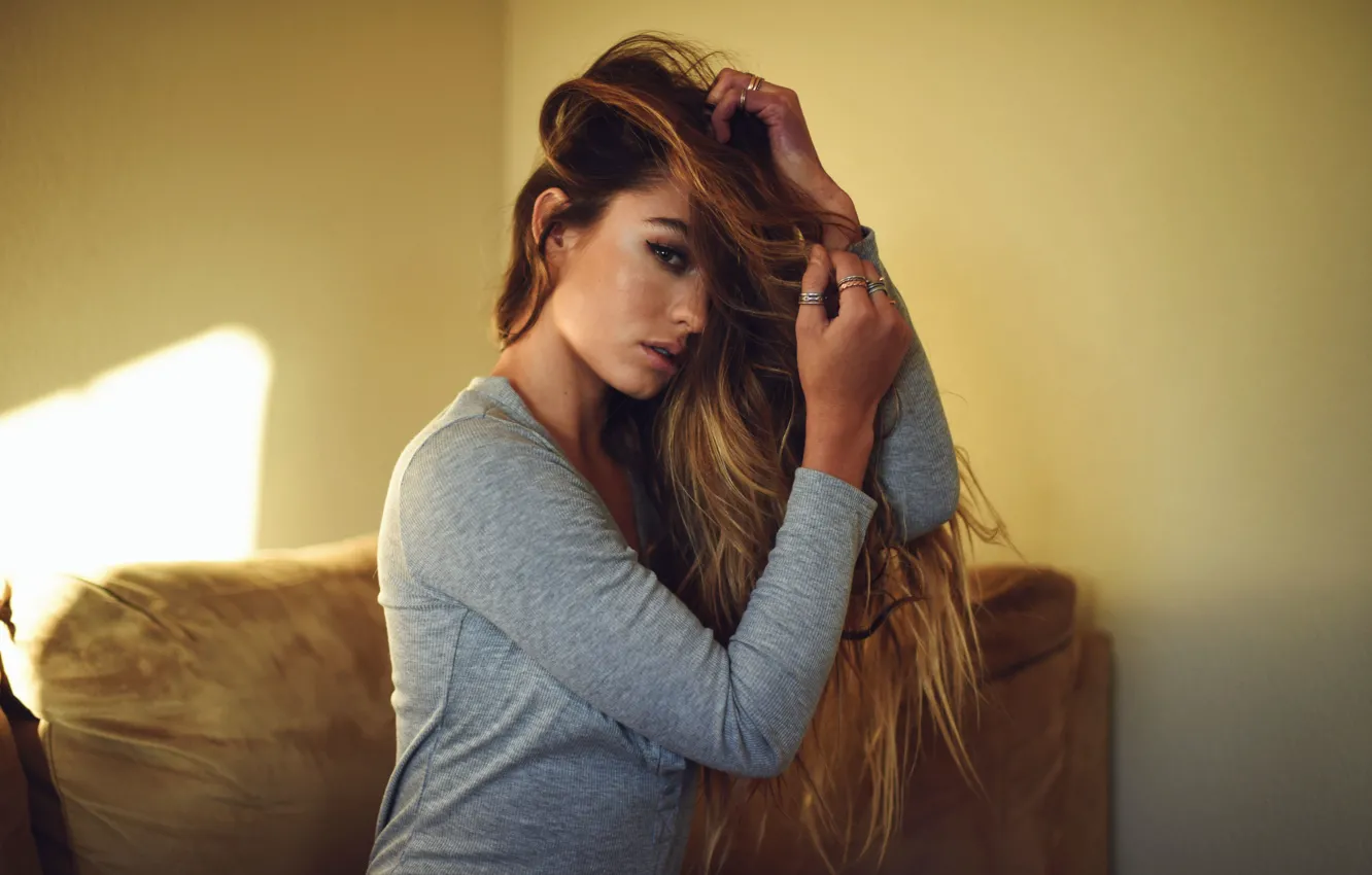 Photo wallpaper girl, green eyes, long hair, photo, model, lips, face, brunette