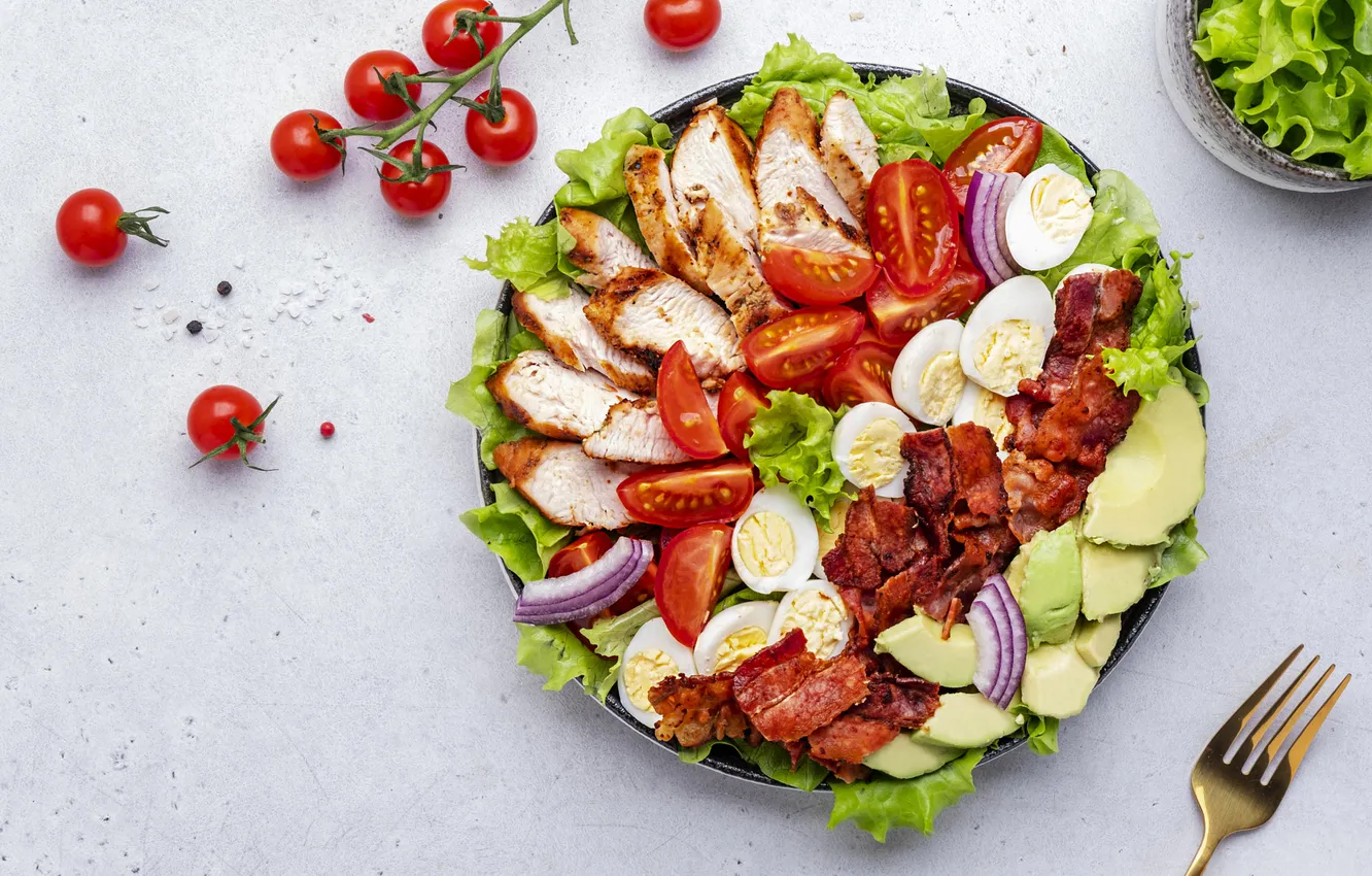 Photo wallpaper table, food, eggs, bow, plate, meat, plug, light background