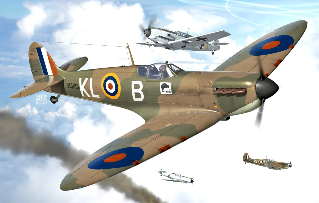Photo wallpaper UK, fighter-interceptor, Battle of Britain, RAF, Carlos Alonso, Supermarine Spitfire Mk.IA