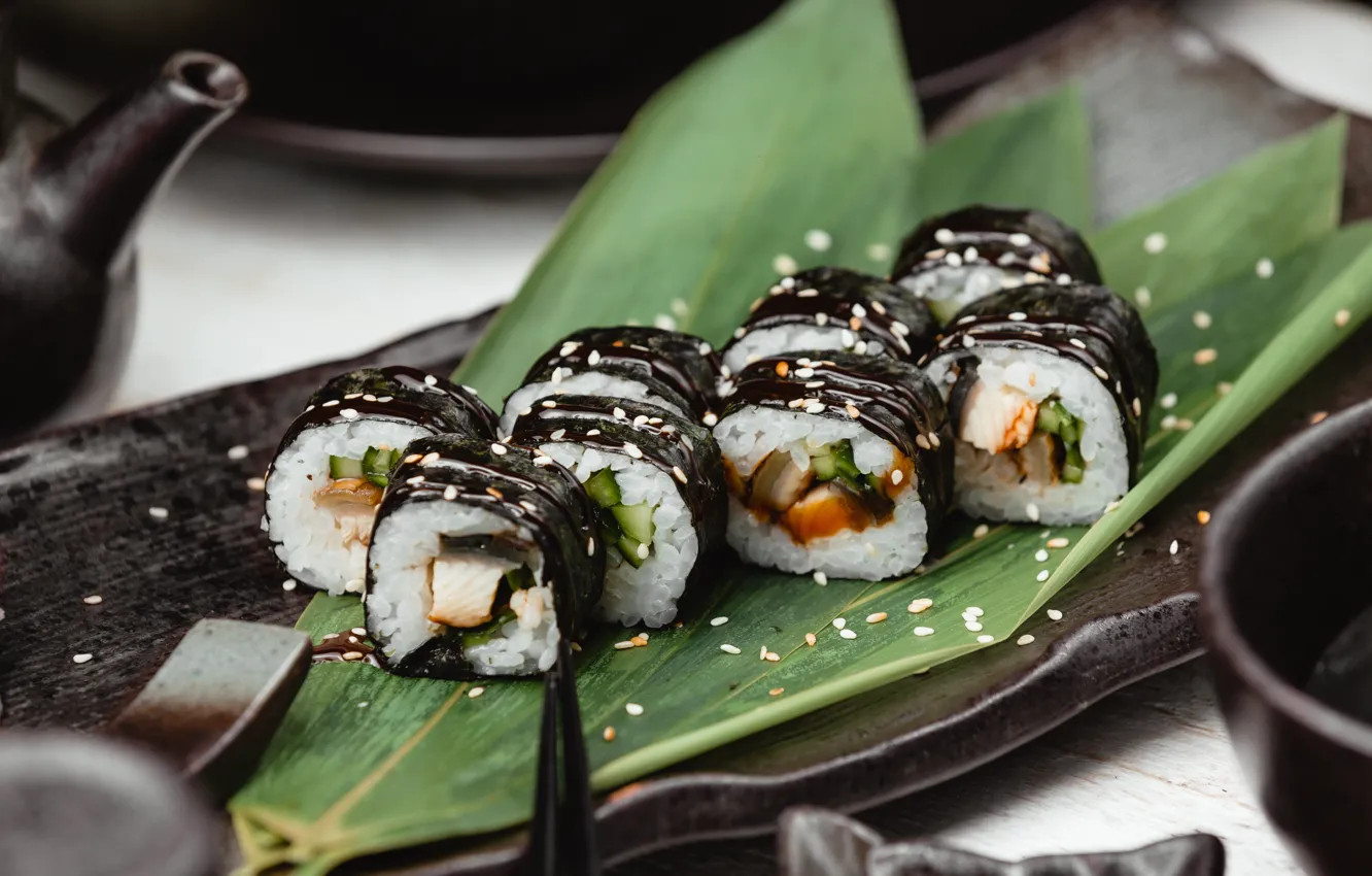 Photo wallpaper figure, sauce, sushi, sesame, soy sauce, nori, acne