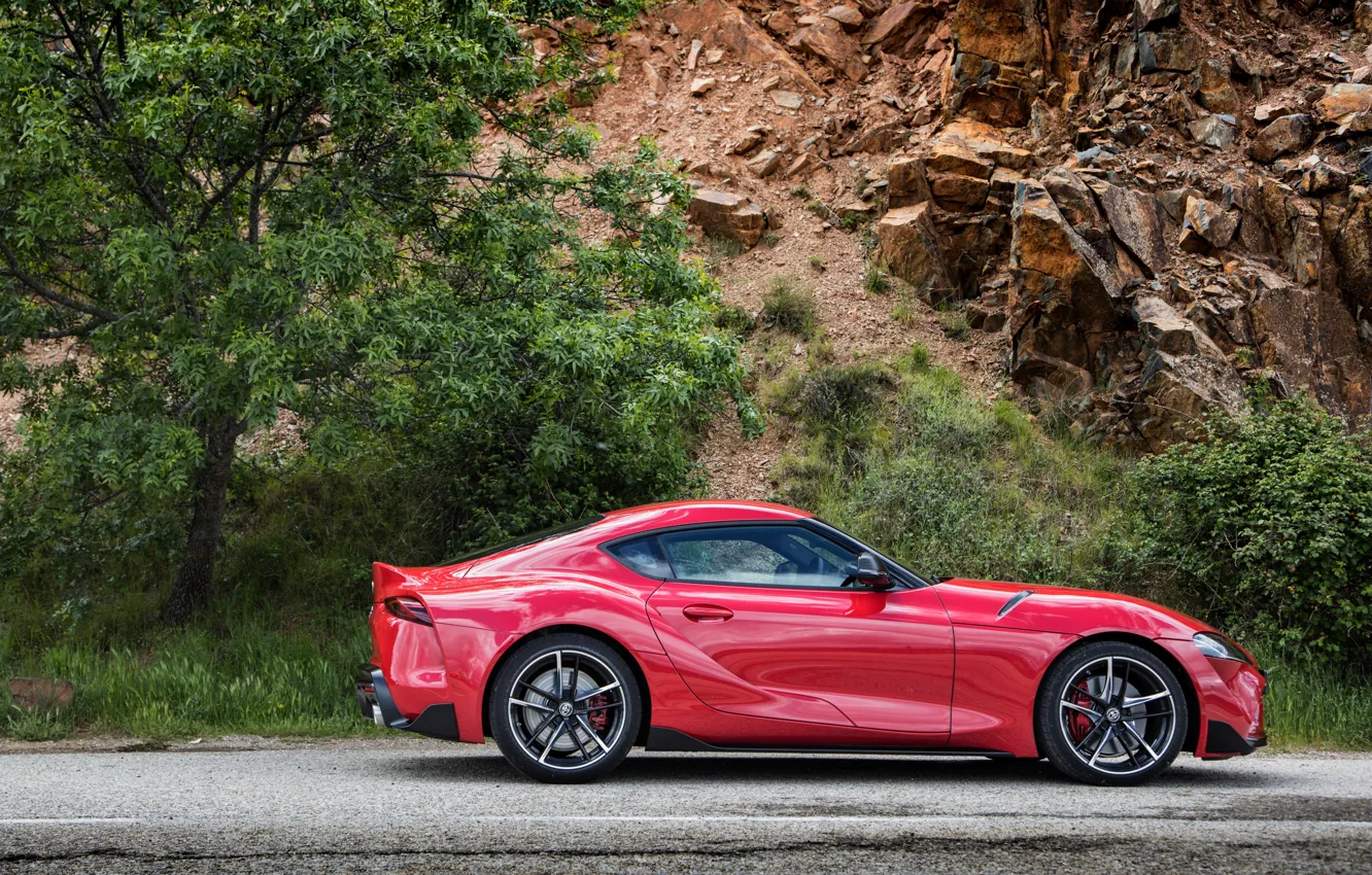 Photo wallpaper rock, tree, coupe, Toyota, side, Supra, the fifth generation, in profile