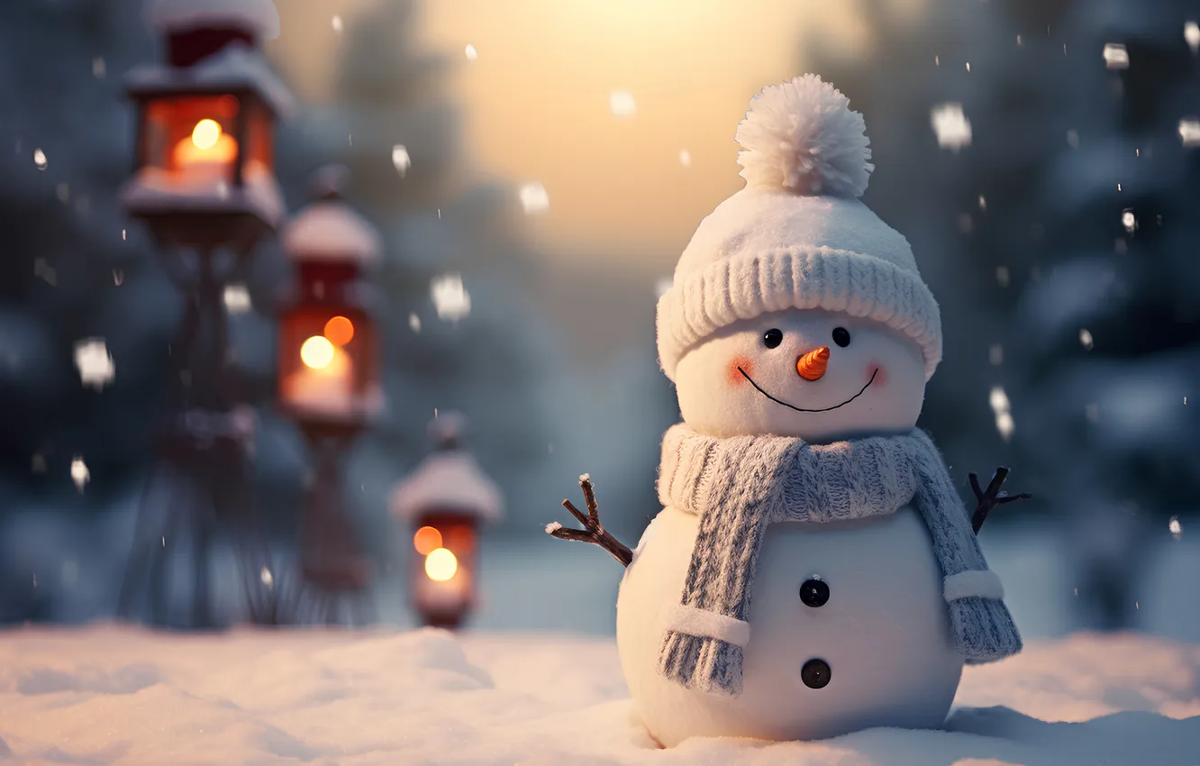 Photo wallpaper winter, snow, new year, Christmas, snowman, Christmas, winter, snow