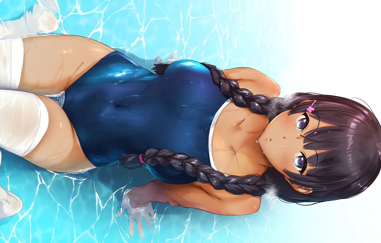 Photo wallpaper girl, sexy, wet, thighhighs, long hair, legs, anime, water