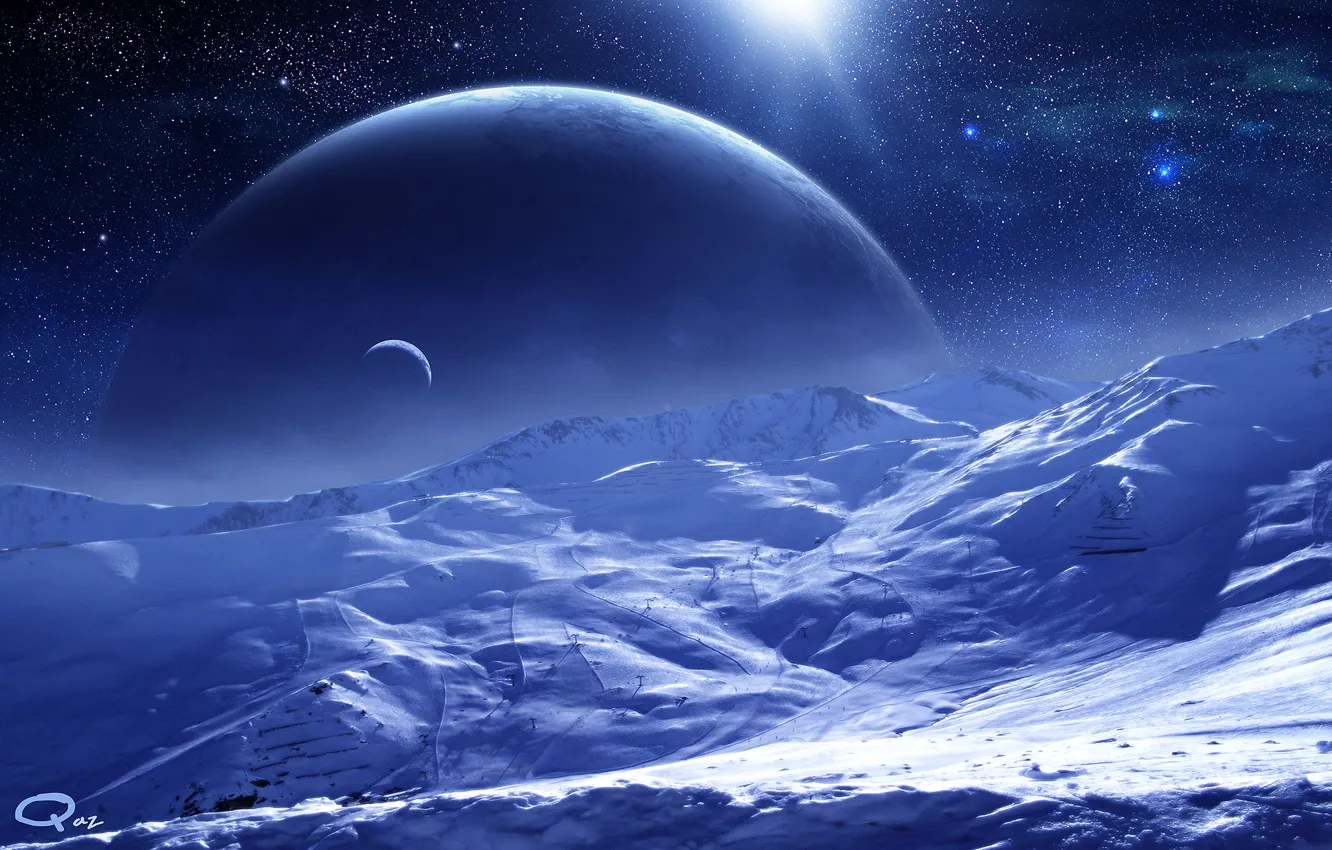 Photo wallpaper space, stars, surface, snow, planet, satellite, art, QAuZ