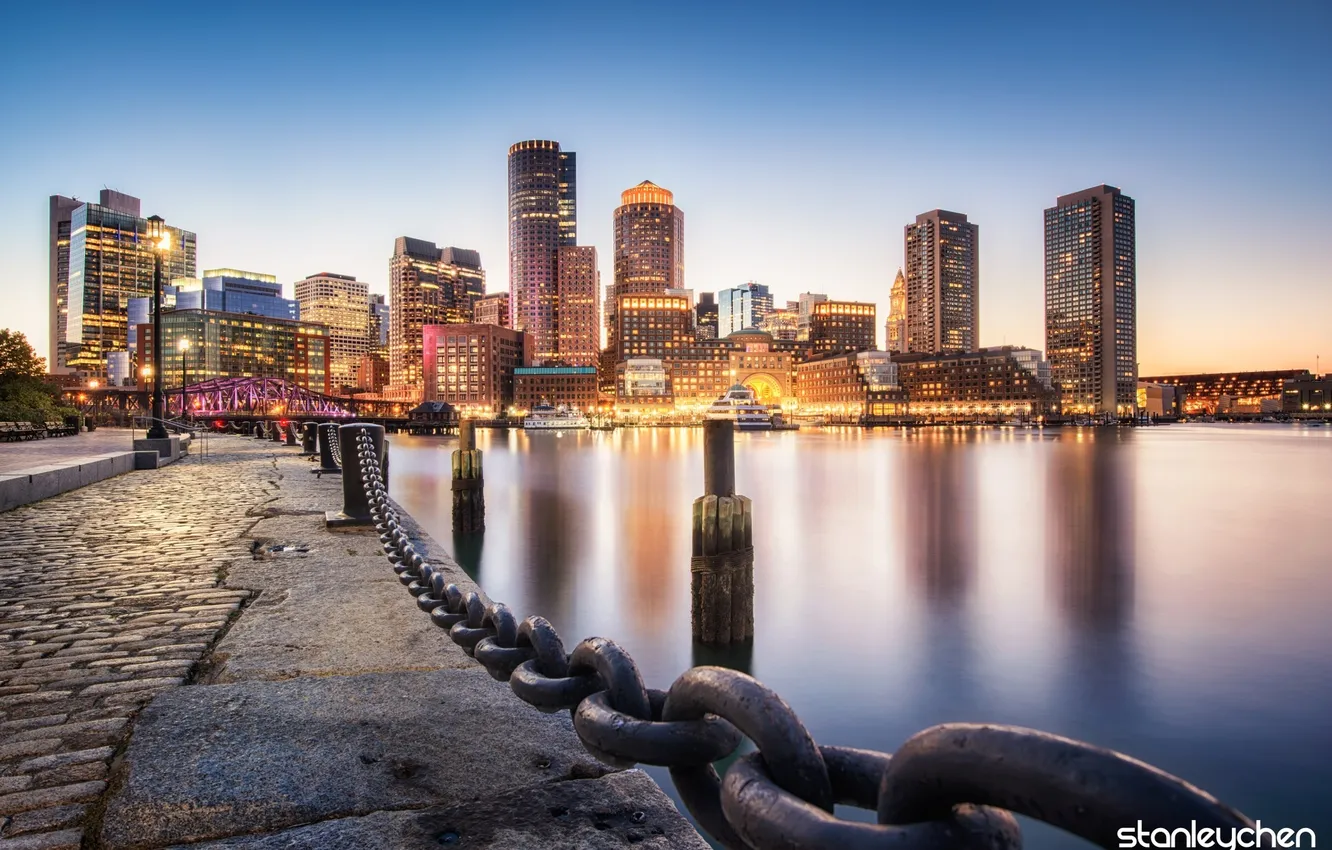Photo wallpaper the city, lights, the evening, morning, pier, chain, promenade, Boston