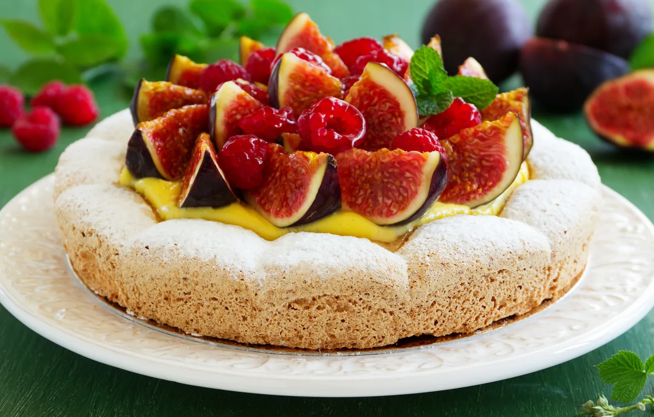 Photo wallpaper raspberry, pie, cake, powdered sugar, figs, figs, raspberries, Powdered sugar