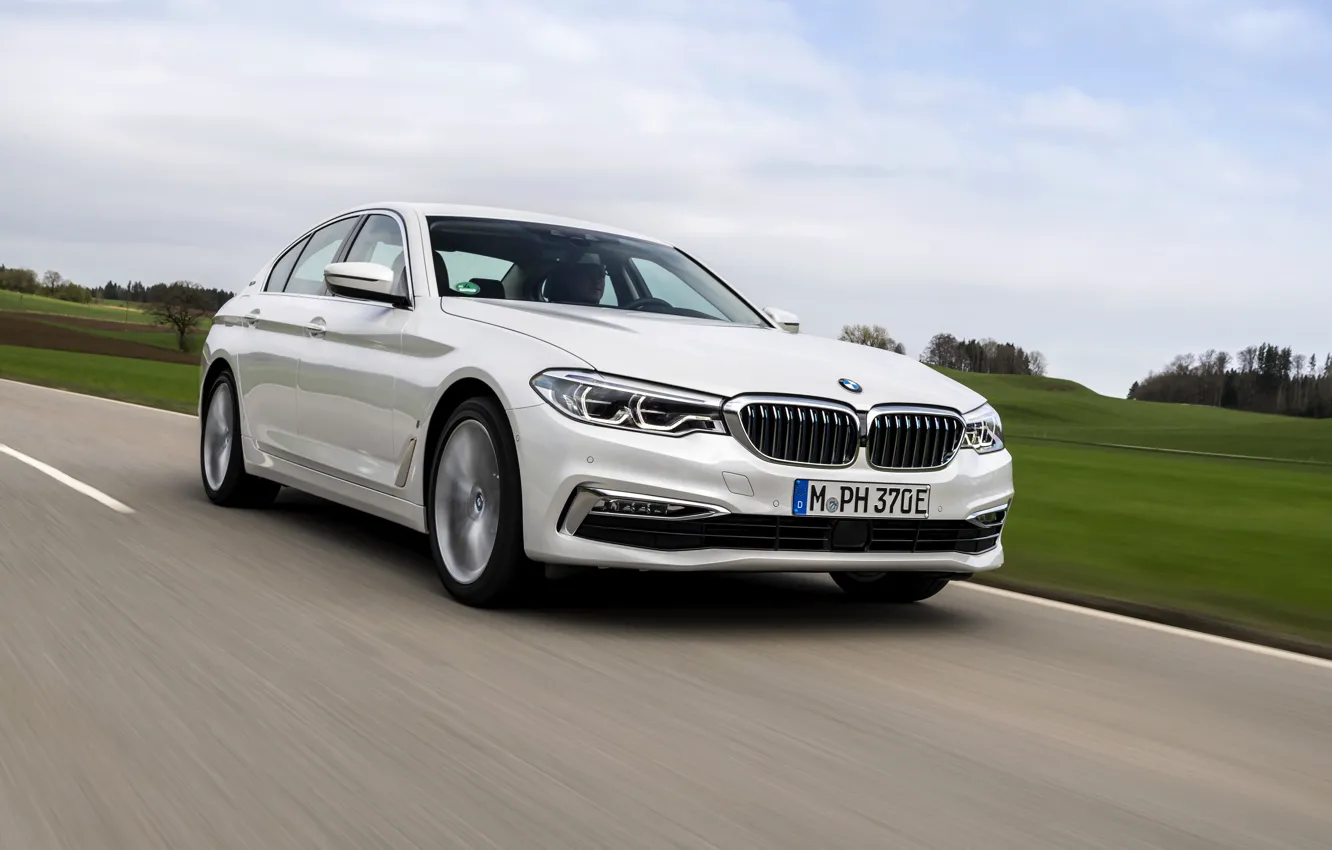 Photo wallpaper road, field, white, the sky, asphalt, BMW, sedan, hybrid