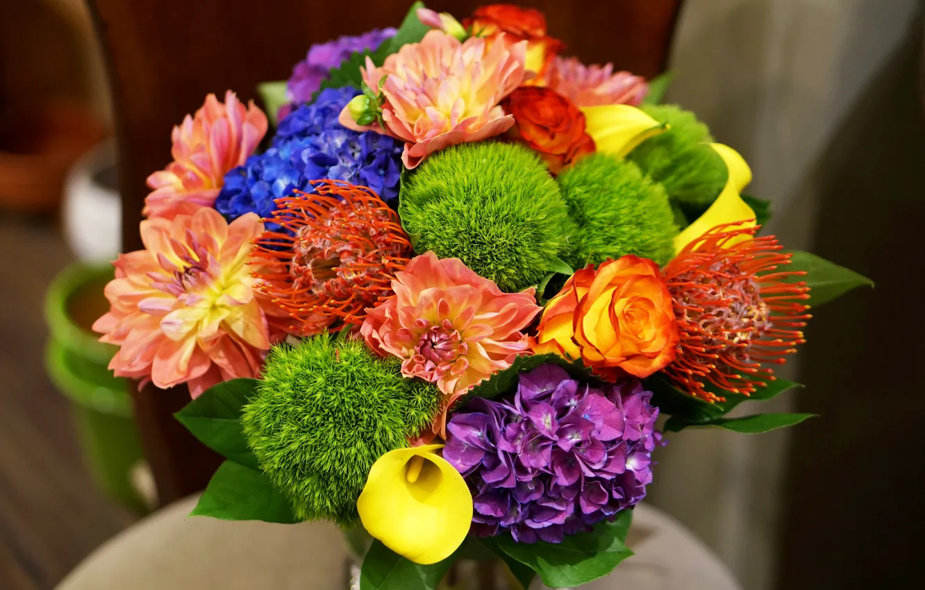 Photo wallpaper roses, bouquet, hydrangea, bouquet, roses, Calla lilies, dahlias