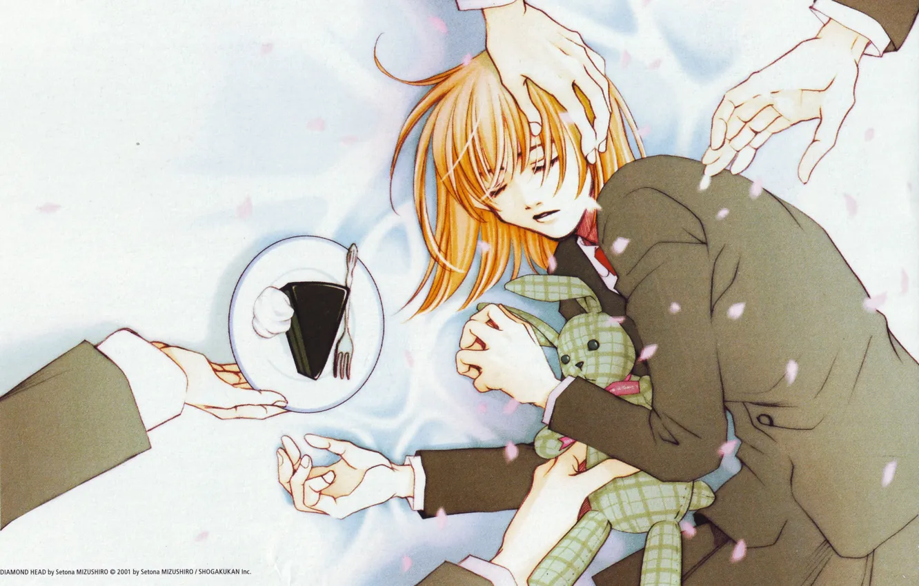 Photo wallpaper hands, guy, students, a piece of cake, closed eyes, cherry blossoms, lying on his side, …