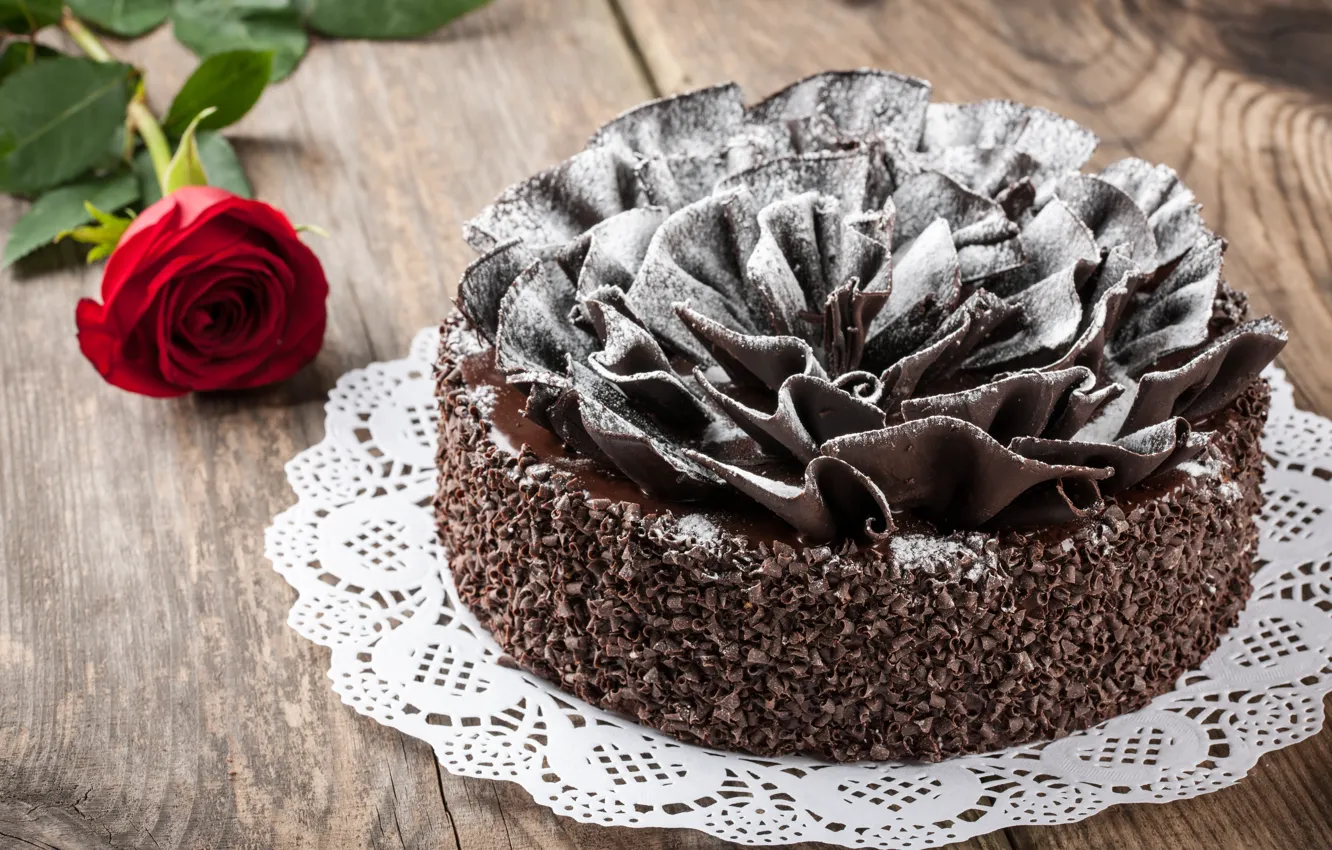 Photo wallpaper rose, chocolate, cake, dessert, powdered sugar, decoration rose, chocolate cakes
