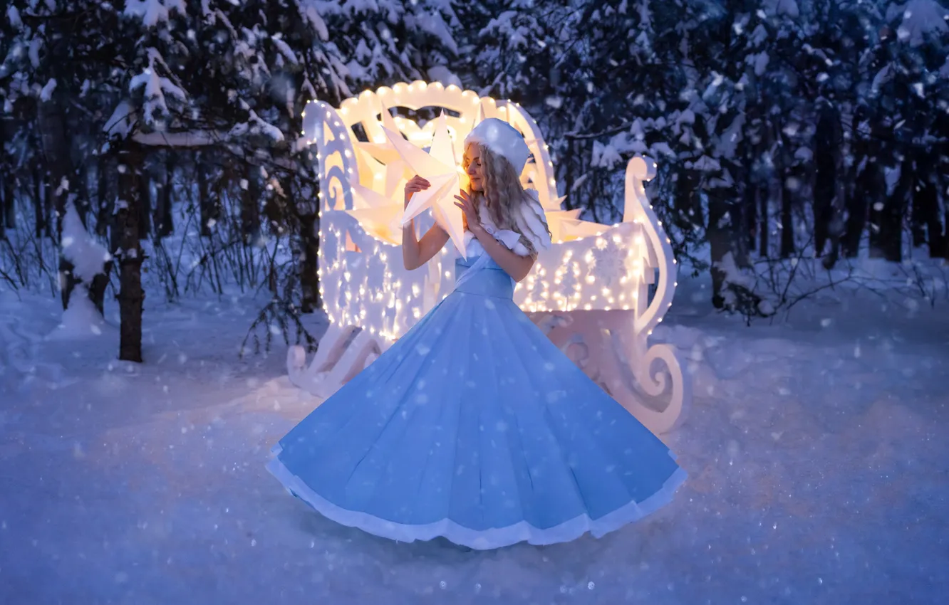 Photo wallpaper winter, frost, forest, look, girl, stars, light, snow