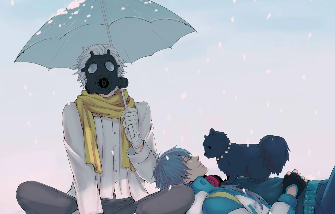 Photo wallpaper snow, umbrella, scarf, gas mask, guys, doggie, Clear, DRAMAtical Murder