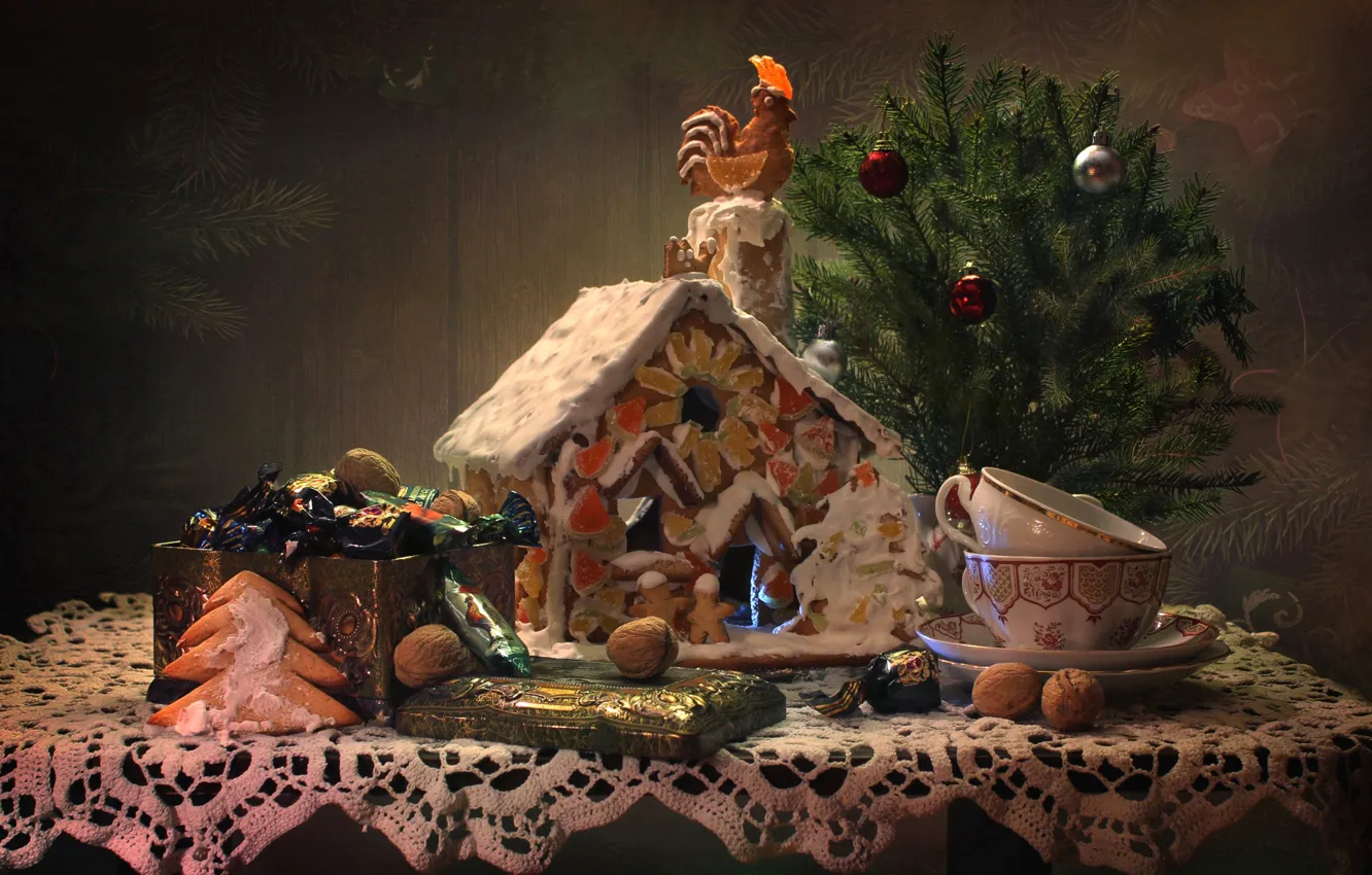Photo wallpaper tree, candy, nuts, cock, gingerbread, gingerbread house