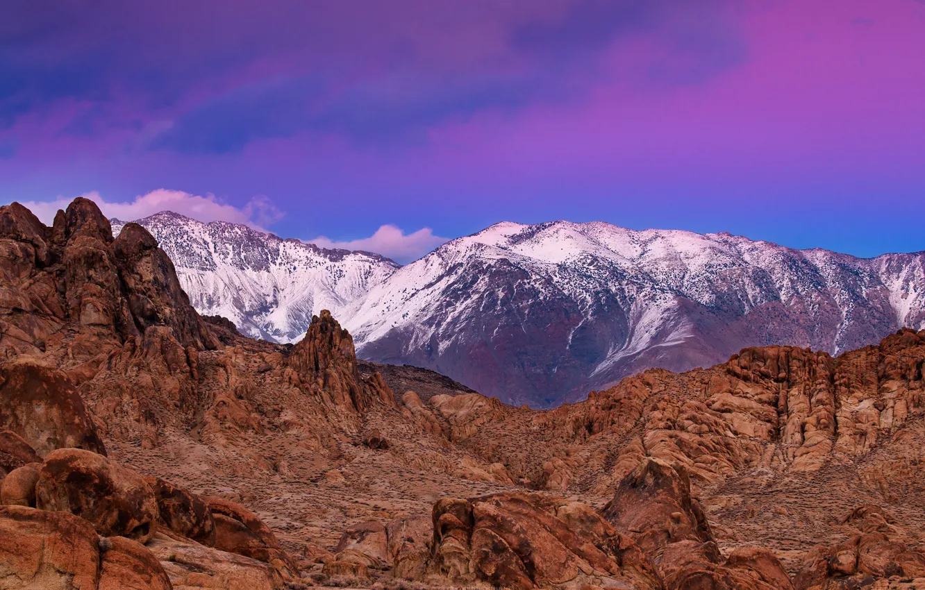 Photo wallpaper clouds, snow, sunset, mountains, rocks, dawn, tops, slope