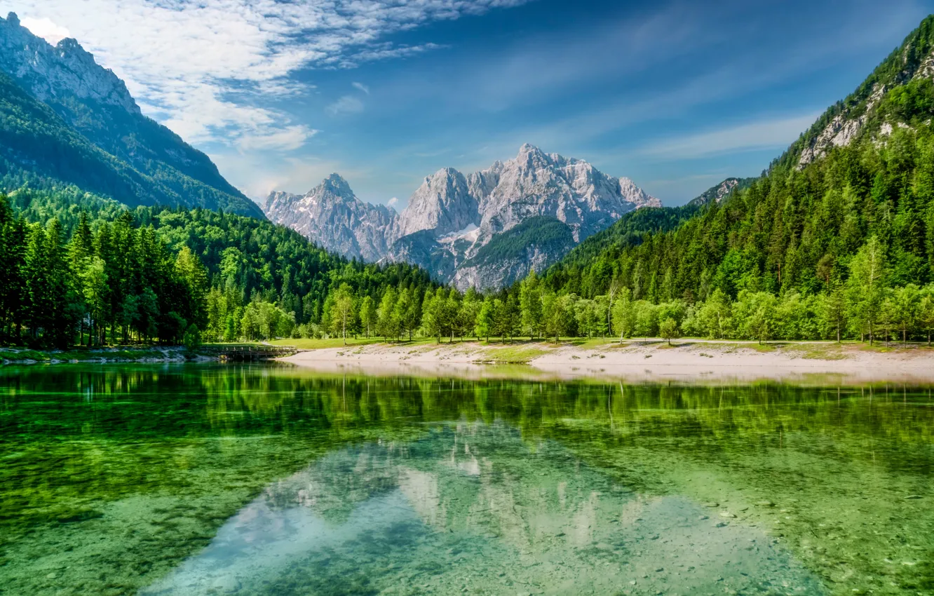 Photo wallpaper greens, forest, clouds, mountains, lake, blue, rocks, shore