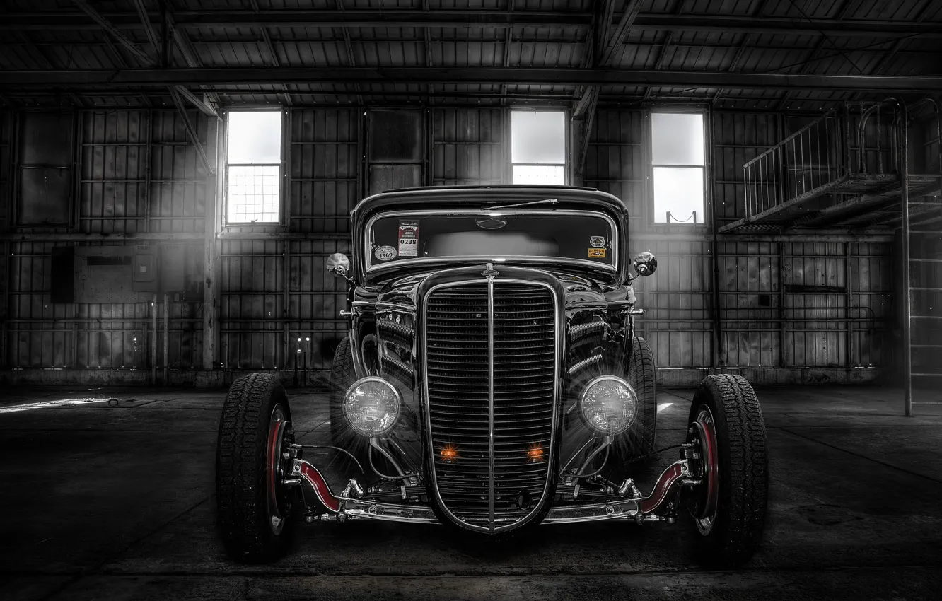 Photo wallpaper retro, lights, hangar, classic, the front, hot-rod, classic car