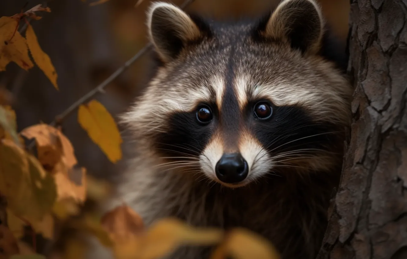 Photo wallpaper autumn, face, foliage, portrait, raccoon, digital art, AI art, The Art of Artificial Intelligence