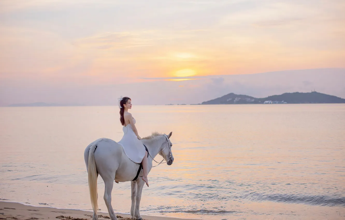 Photo wallpaper sand, sea, beach, the sun, landscape, sunset, pose, model