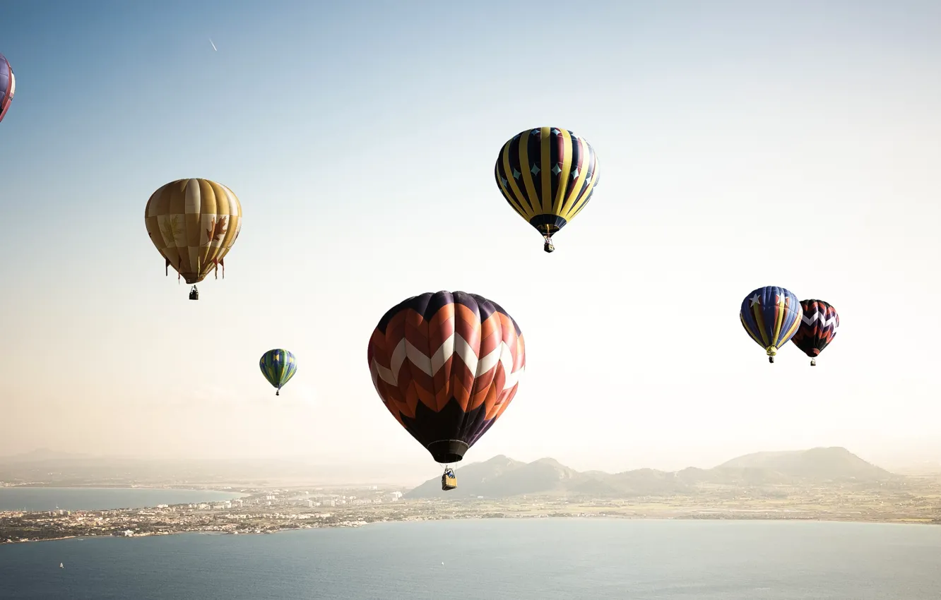 Photo wallpaper sea, mountains, balloon, haze