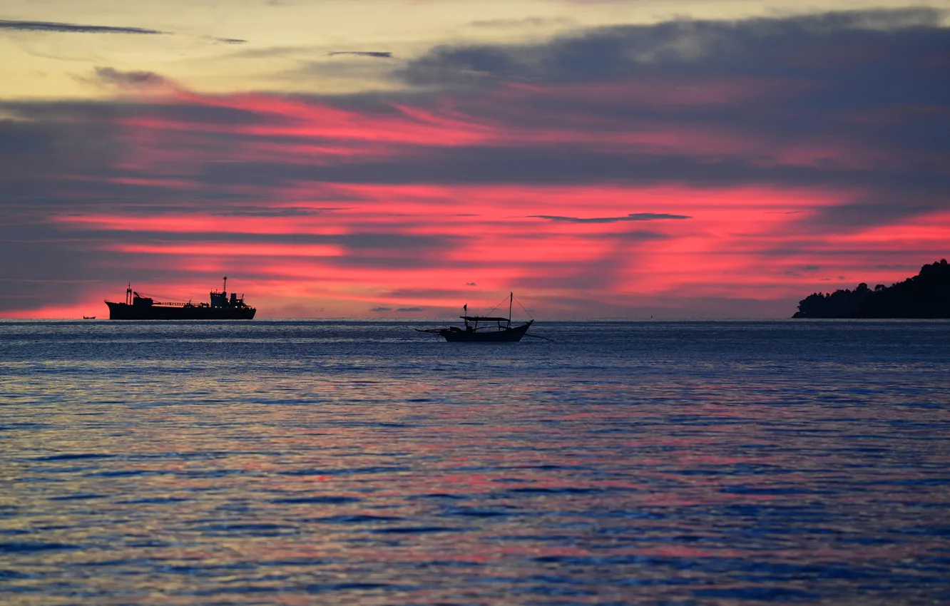 Photo wallpaper sea, sunset, boat, ship