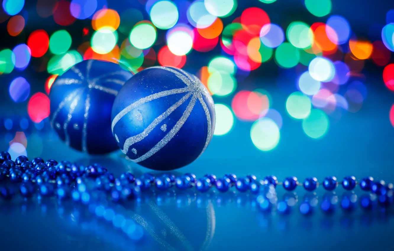 Photo wallpaper lights, balls, new year, beads, blue