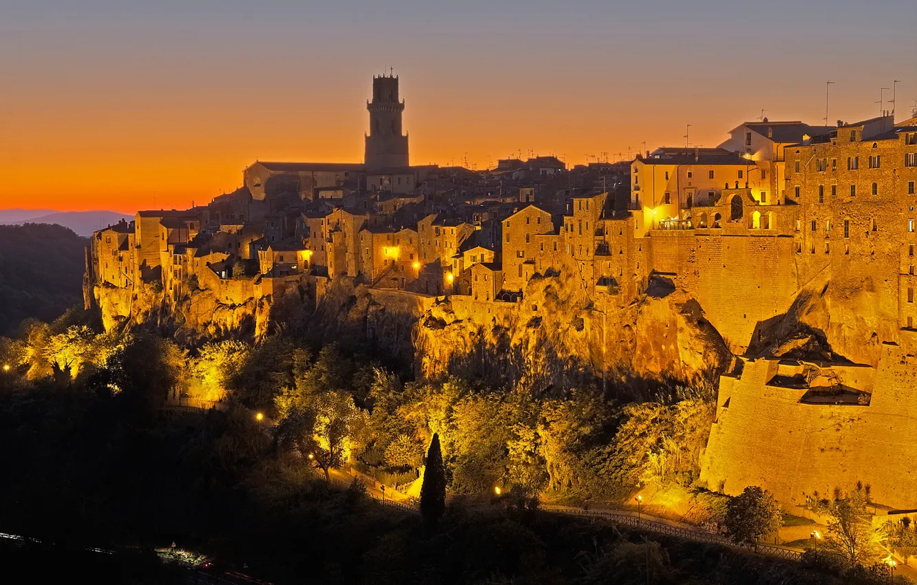 Photo wallpaper night, lights, home, Italy, Tuscany, Pitigliano