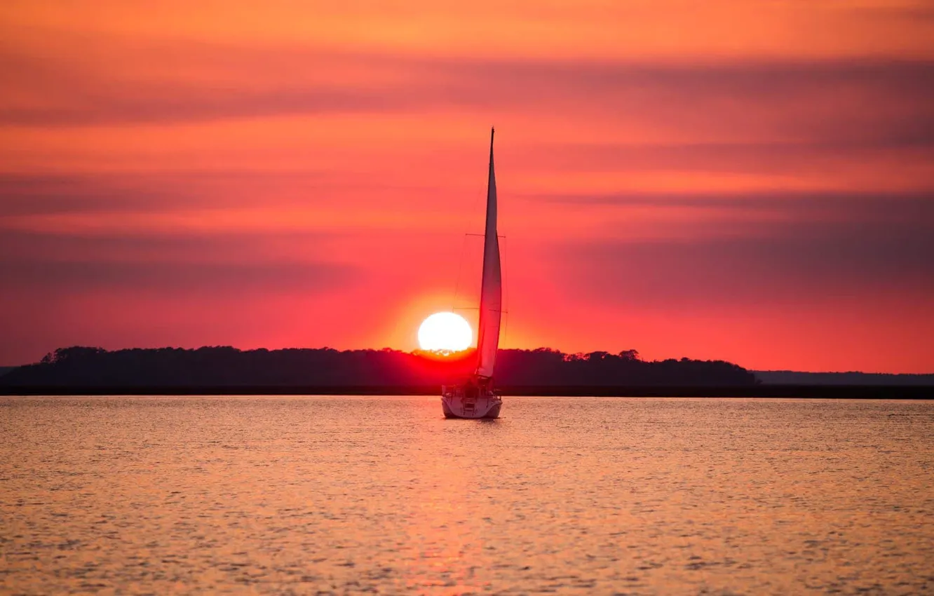 Photo wallpaper sunset, coast, the evening, yacht, sail