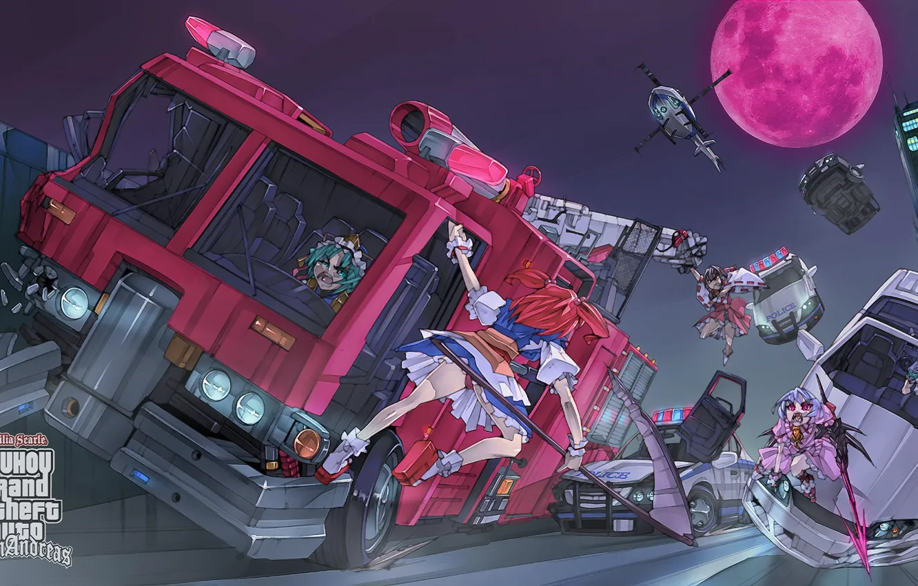 Photo wallpaper crash, night, helicopter, police, showdown, cool, accident, death scythe