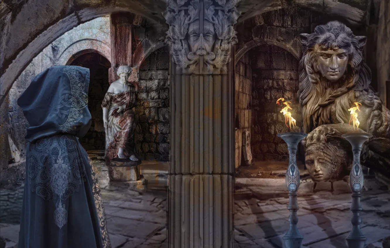 Photo wallpaper columns, statue, sculpture, cloak, secrets