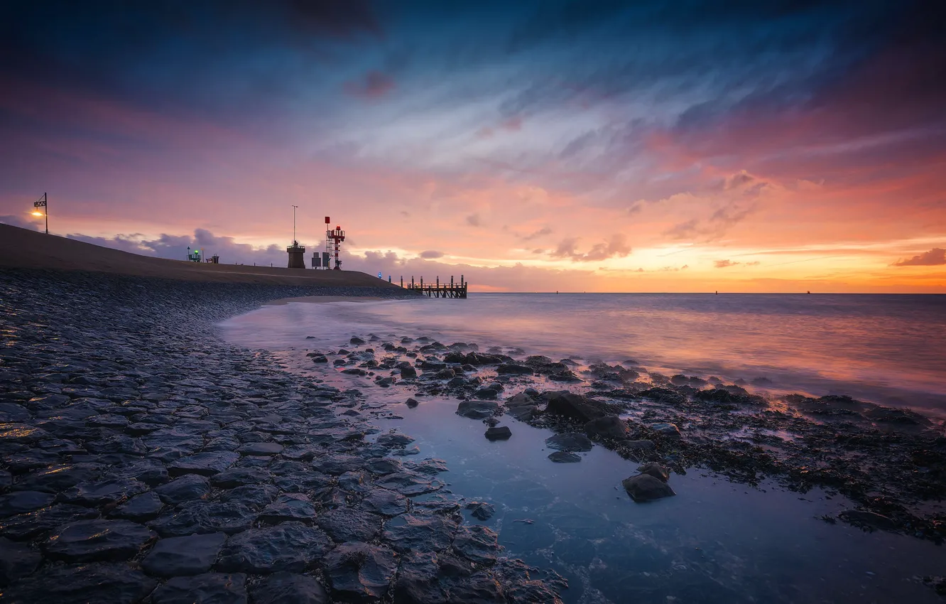 Photo wallpaper sea, stones, the evening, tide, pierce, Netherlands, Texel