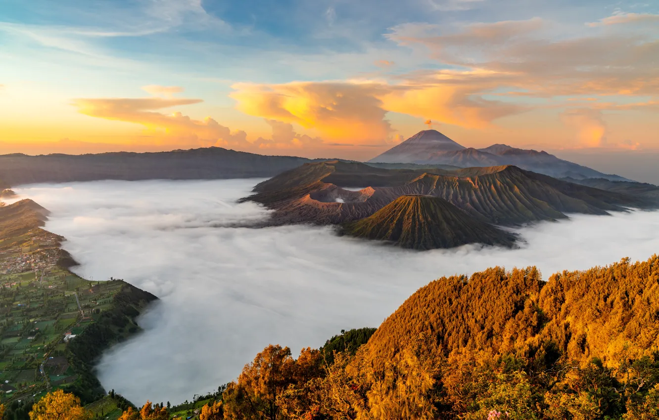 Photo wallpaper greens, the sky, clouds, trees, mountains, hills, height, the volcano