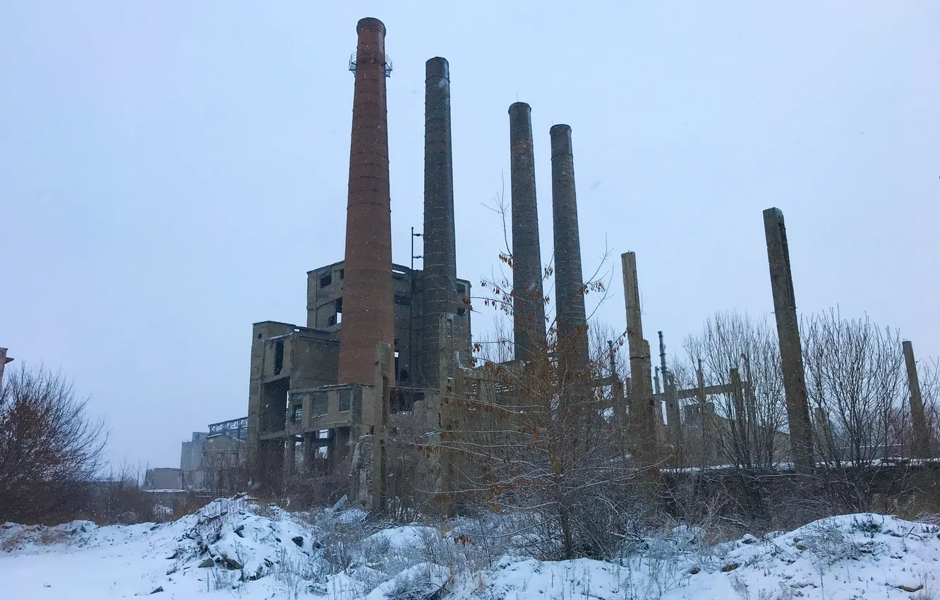 Photo wallpaper winter, the sky, snow, architecture, snowfall, abandoned factory