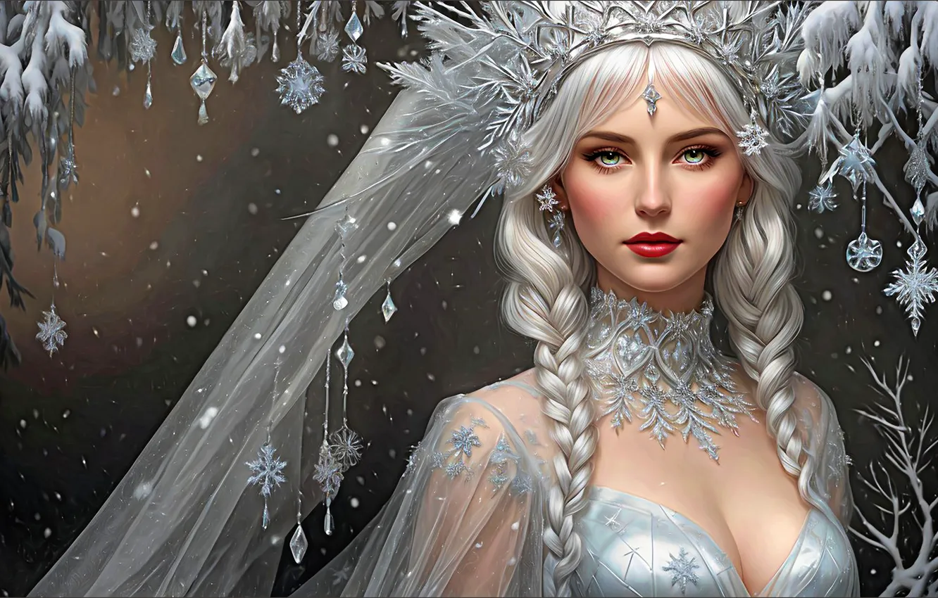 Photo wallpaper winter, girl, snow, new year, Christmas, maiden, the snow Queen, AI art