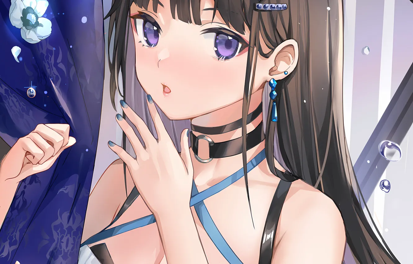 Photo wallpaper girl, sexy, cleavage, blouse, long hair, brown hair, boobs, anime