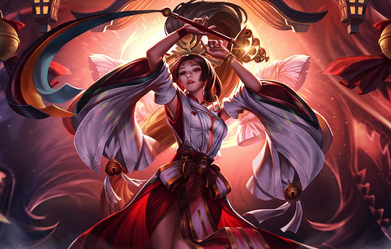 Photo wallpaper look, pose, salute, brunette, tape, bells, arena, beautiful girl