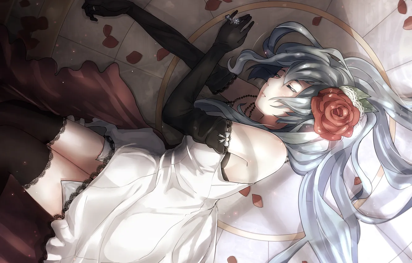 Photo wallpaper girl, flowers, anime, petals, art, vocaloid, hatsune miku, suppakarn prakobkij