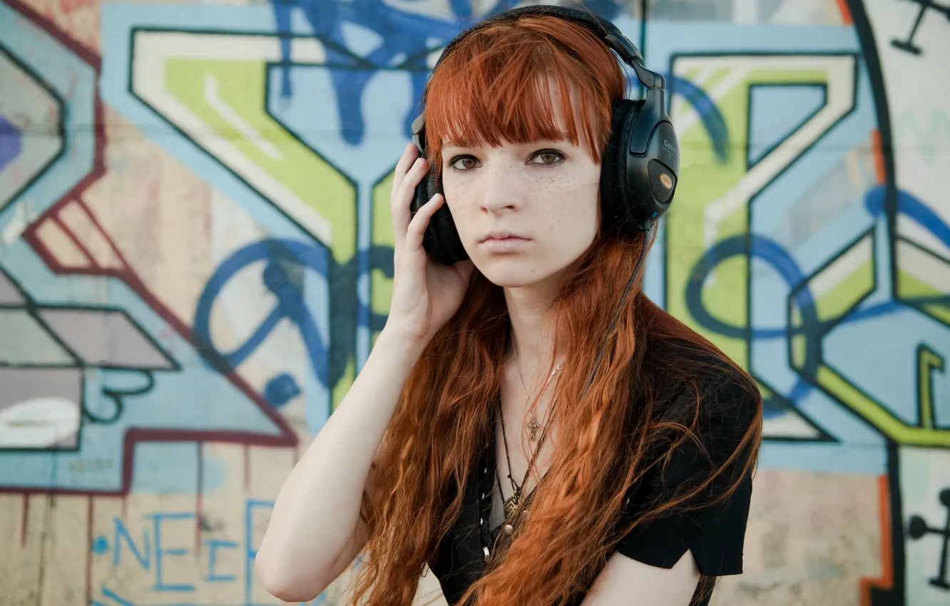 Photo wallpaper look, girl, headphones, freckles, red, long-haired, brown-eyed