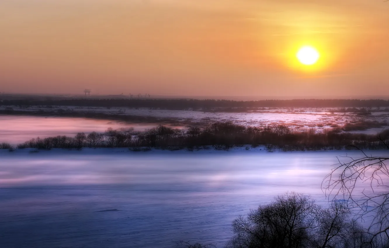 Photo wallpaper winter, field, sunset