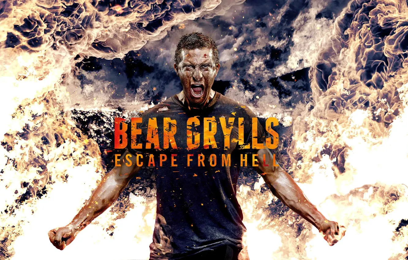 Photo wallpaper fire, man, escape, discovery, discovery, bear grylls, vedmed, bear