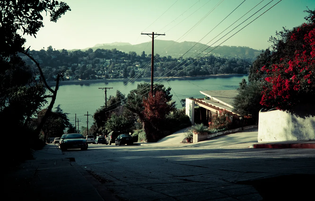 Photo wallpaper road, sea, machine, street, district