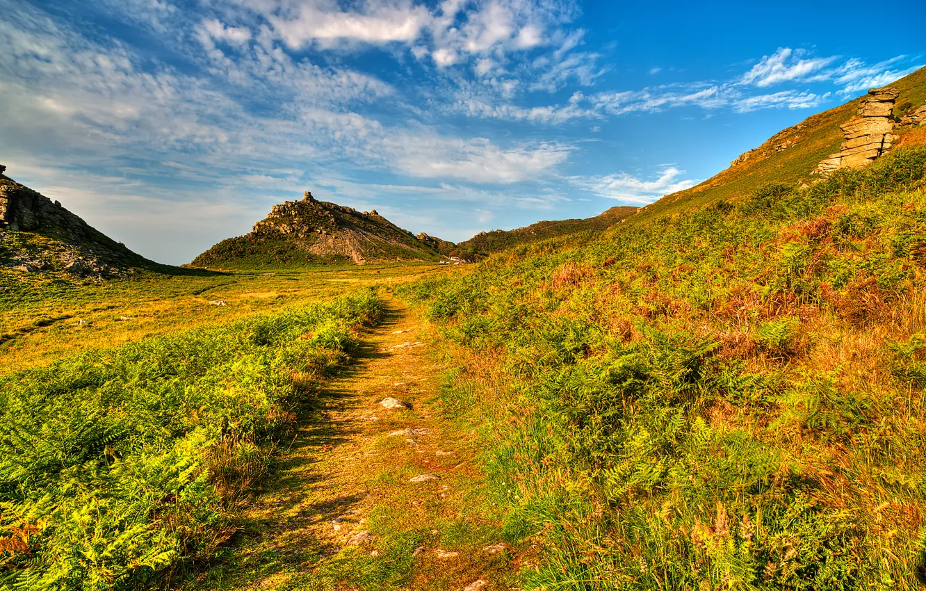 Photo wallpaper road, the sky, grass, clouds, mountains, rocks, path, Exmoor