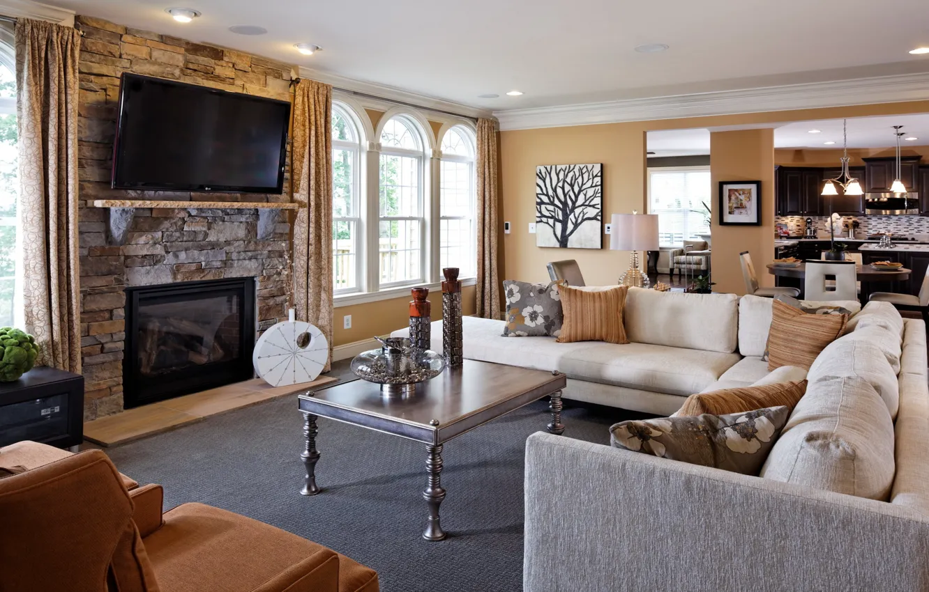 Photo wallpaper design, interior, fireplace, living space