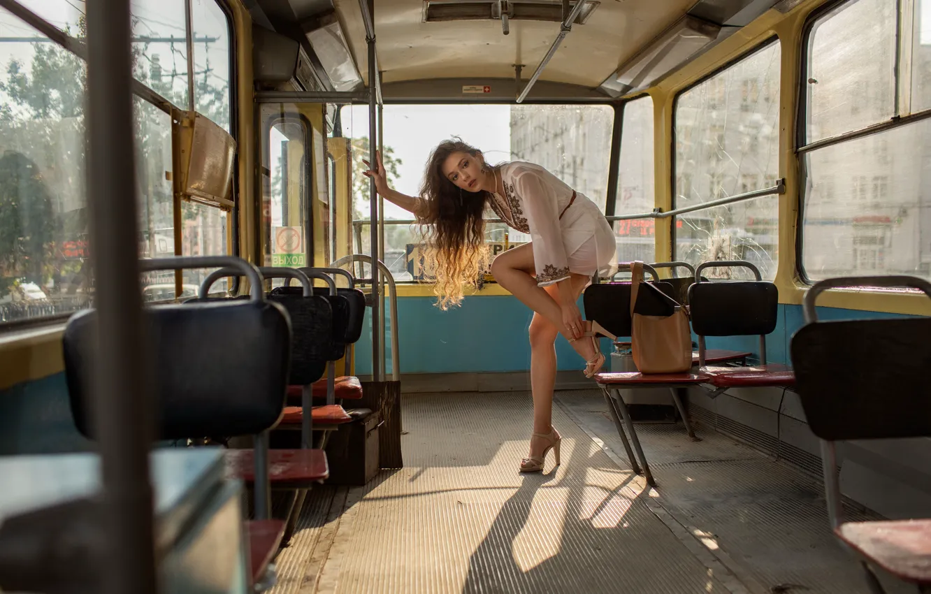 Photo wallpaper girl, pose, dress, tram, brown hair, sandals, Yuriy Korotun